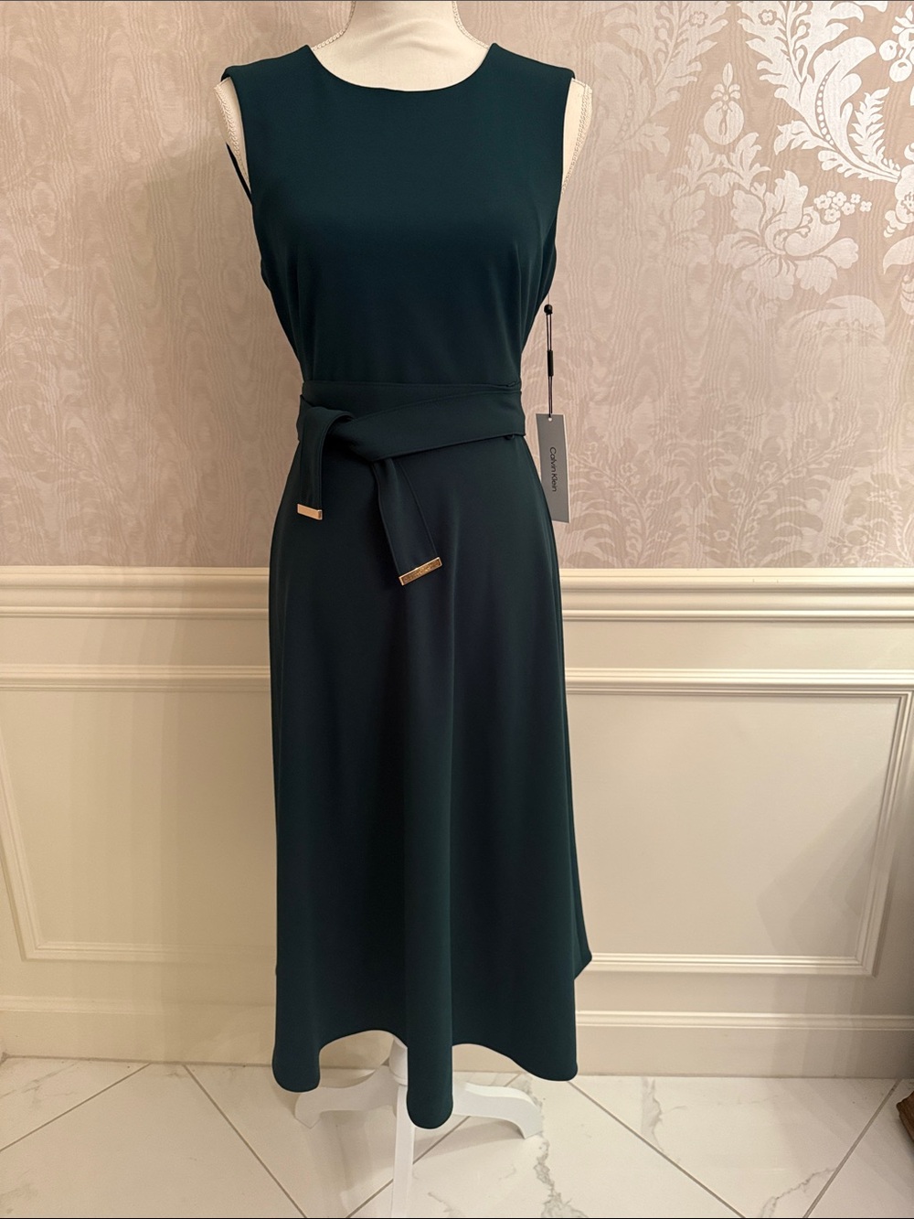 Calvin Klein Dark Teal Sleeveless Midi Dress with Waist Tie Detail